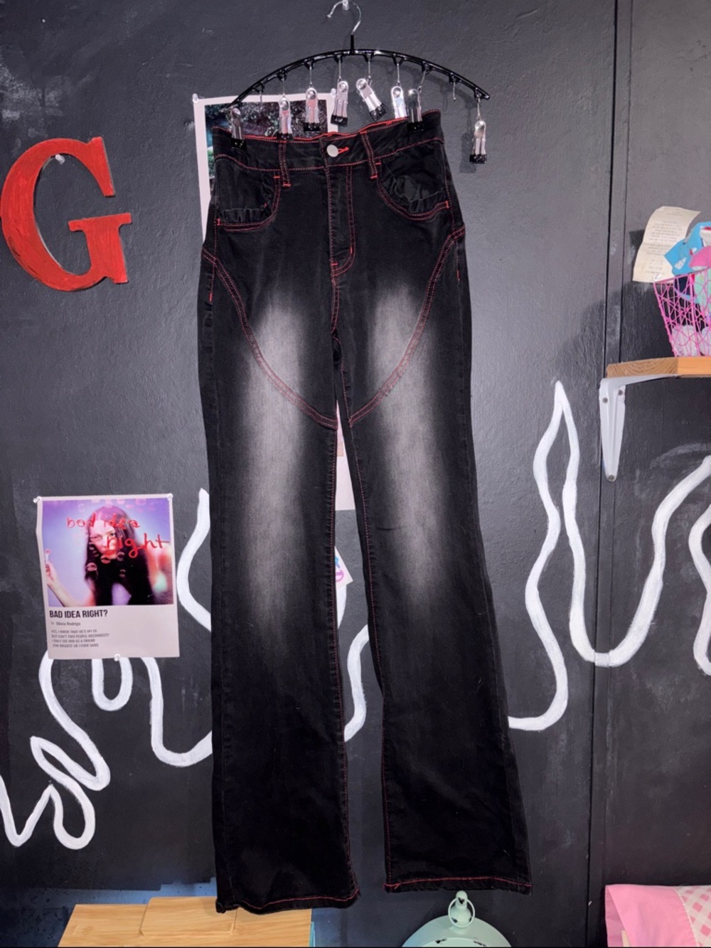 Fashion Nova Black Flared Jeans with Red Stitching